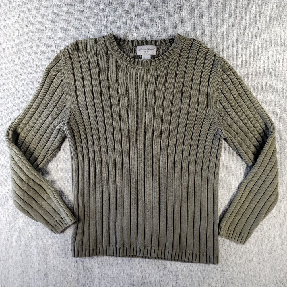 Vintage 90s Eddie Bauer Mens Medium Olive Green Wide Ribbed Cotton Knit Sweater